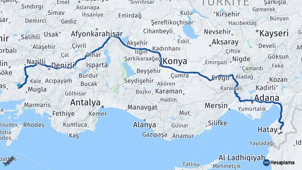 Muğla Yatağan Hatay Arası Kaç Km - Yol Haritası