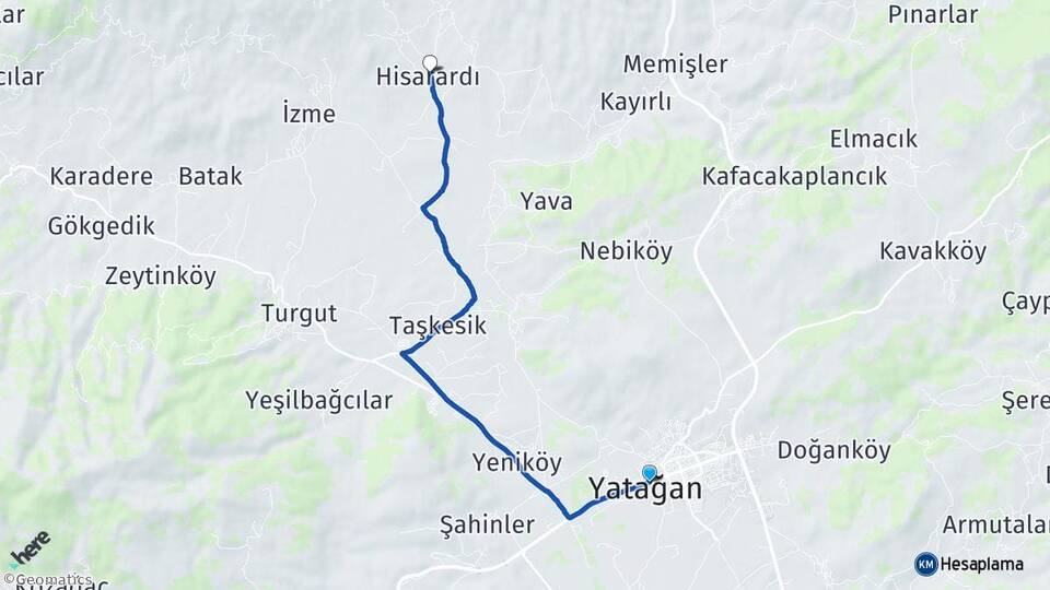 Muğla Yatağan Hisarardı Yatağan Arası Kaç Km - Yol Haritası