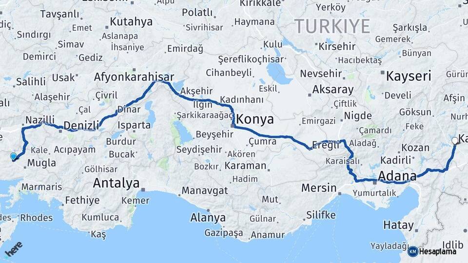 Muğla Yatağan Kahramanmaraş Arası Kaç Km - Yol Haritası