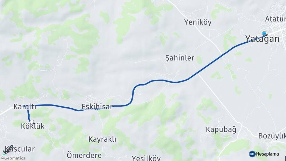 Muğla Yatağan Köklük Yatağan Arası Kaç Km - Yol Haritası