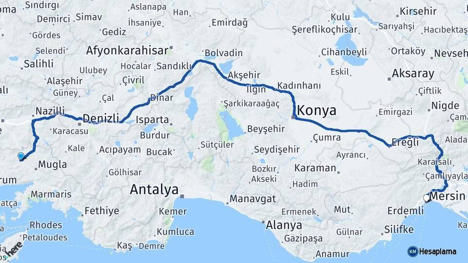 Muğla Yatağan Mersin Arası Kaç Km - Yol Haritası