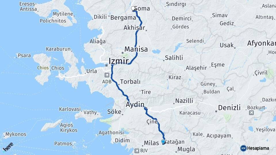 Muğla Yatağan Soma Manisa Arası Kaç Km - Yol Haritası