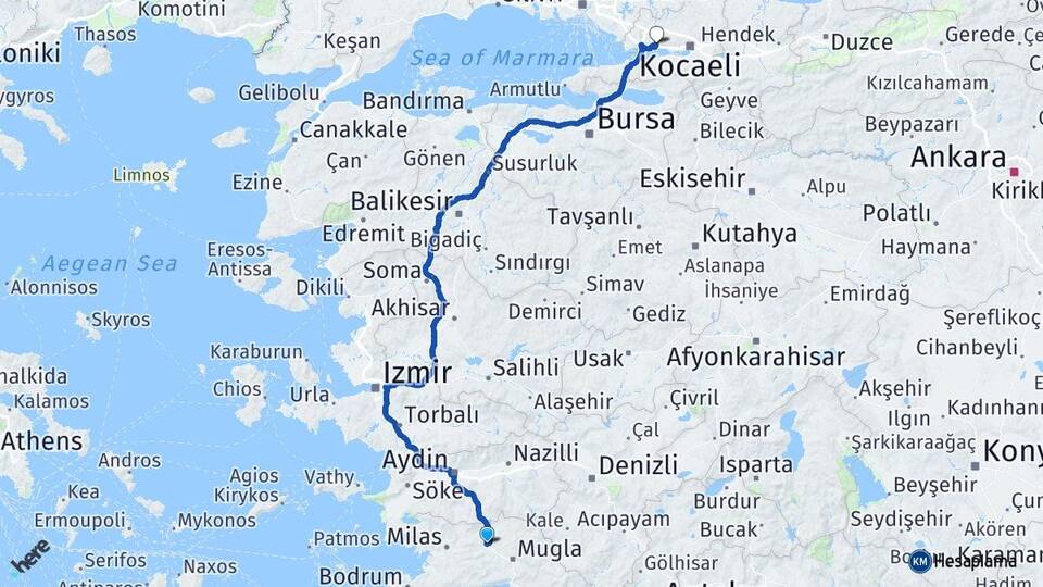 Muğla Yatağan Yukarı Hereke Körfez Kocaeli Arası Kaç Km - Yol Haritası