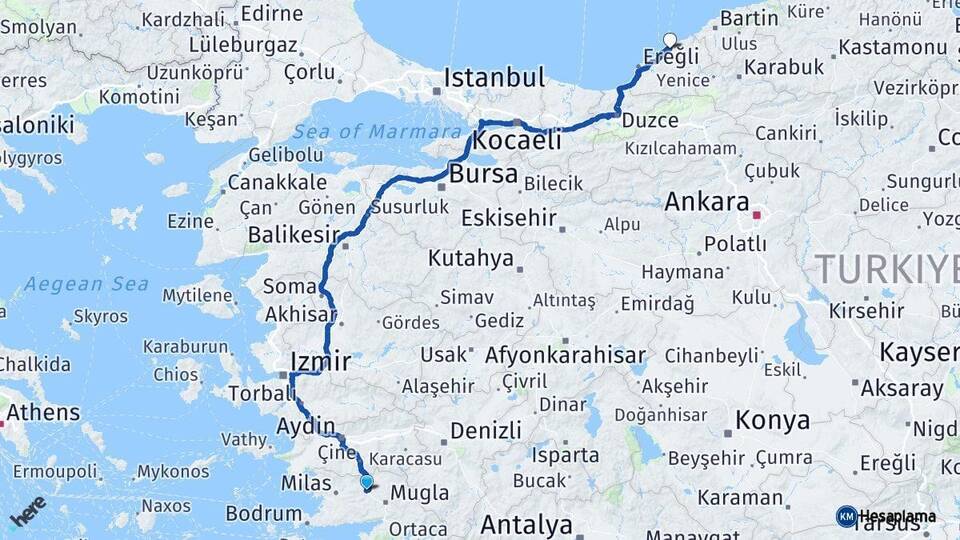 Muğla Yatağan Zonguldak Arası Kaç Km - Yol Haritası