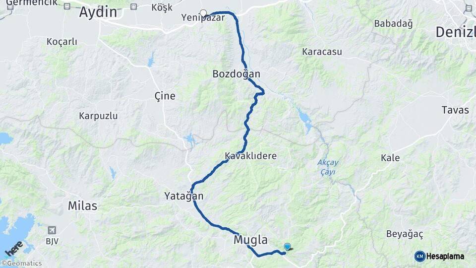 Muğla Yenipazar Aydın Arası Kaç Km - Yol Haritası