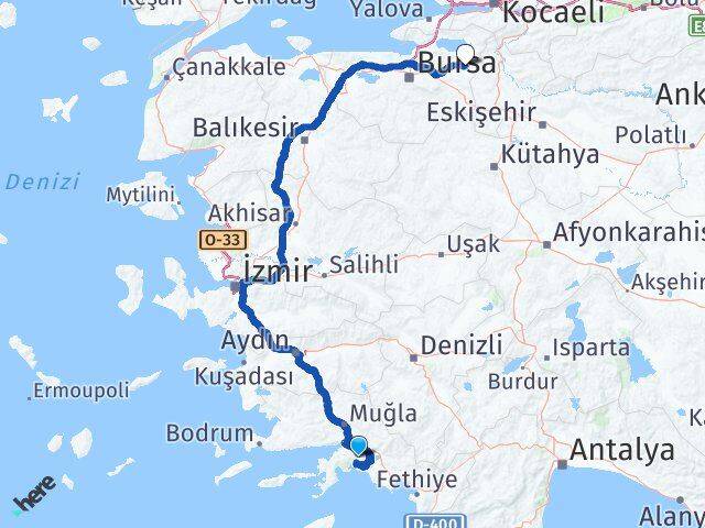Muğla Yenişehir Bursa Arası Kaç Km - Yol Haritası