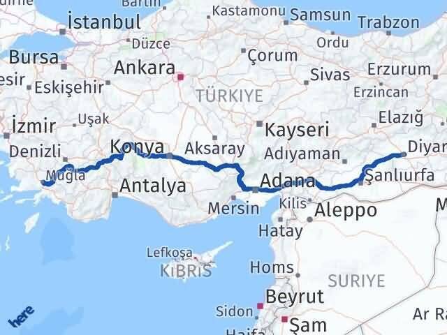 Muğla Yenişehir Diyarbakır Arası Kaç Km - Yol Haritası