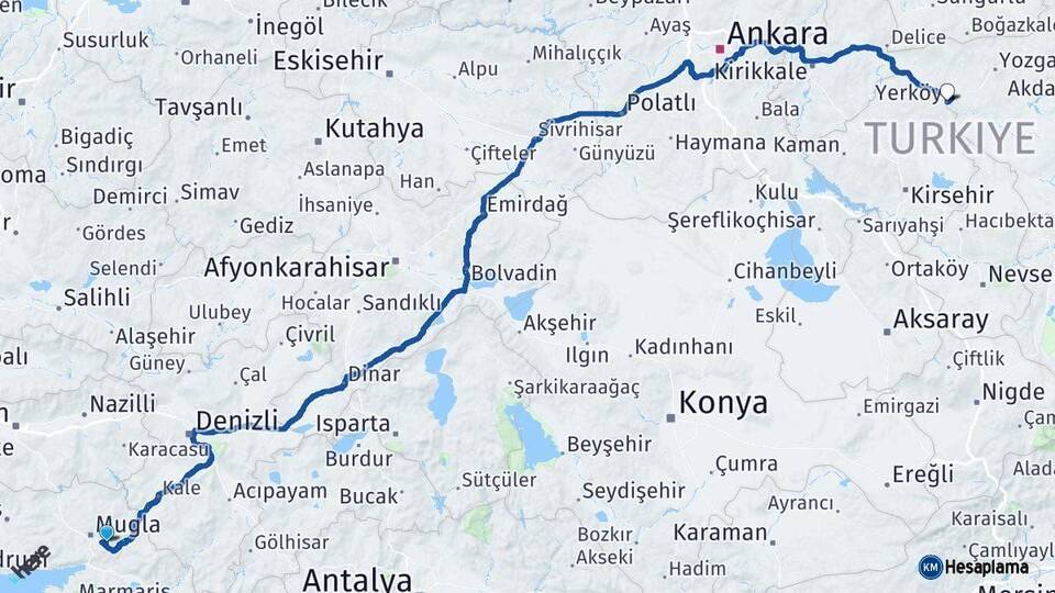 Muğla Yerköy Yozgat Arası Kaç Km - Yol Haritası