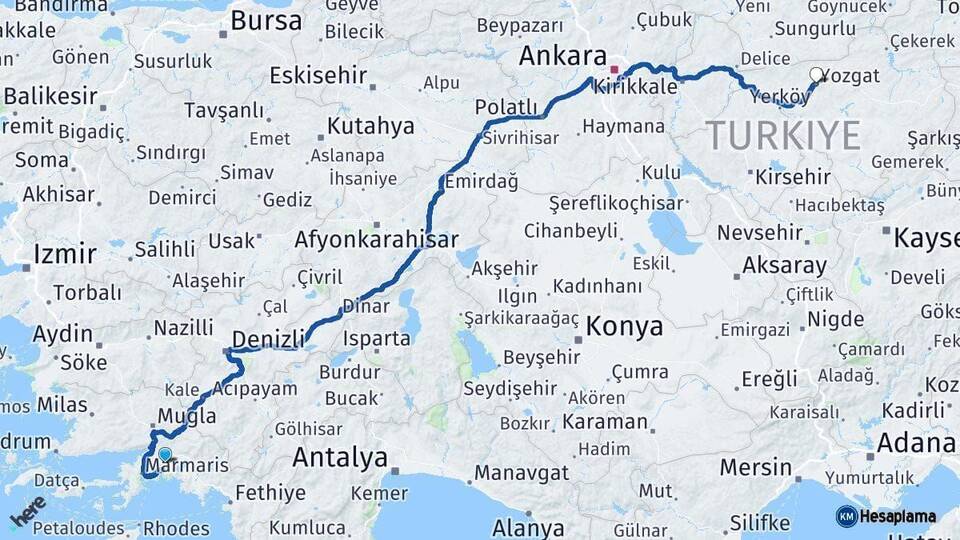 Muğla Yozgat Arası Kaç Km - Yol Haritası