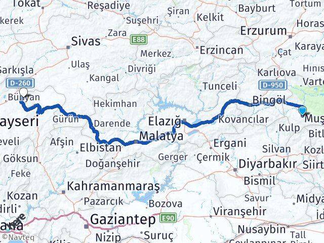 Muş Akkışla Kayseri Arası Kaç Km - Yol Haritası