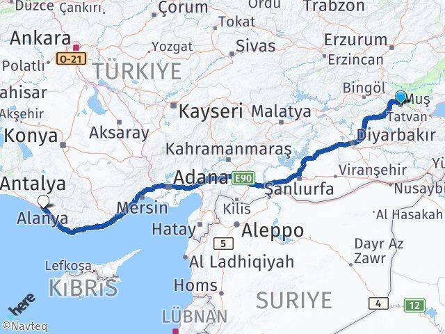 Muş Alanya Antalya Arası Kaç Km - Yol Haritası