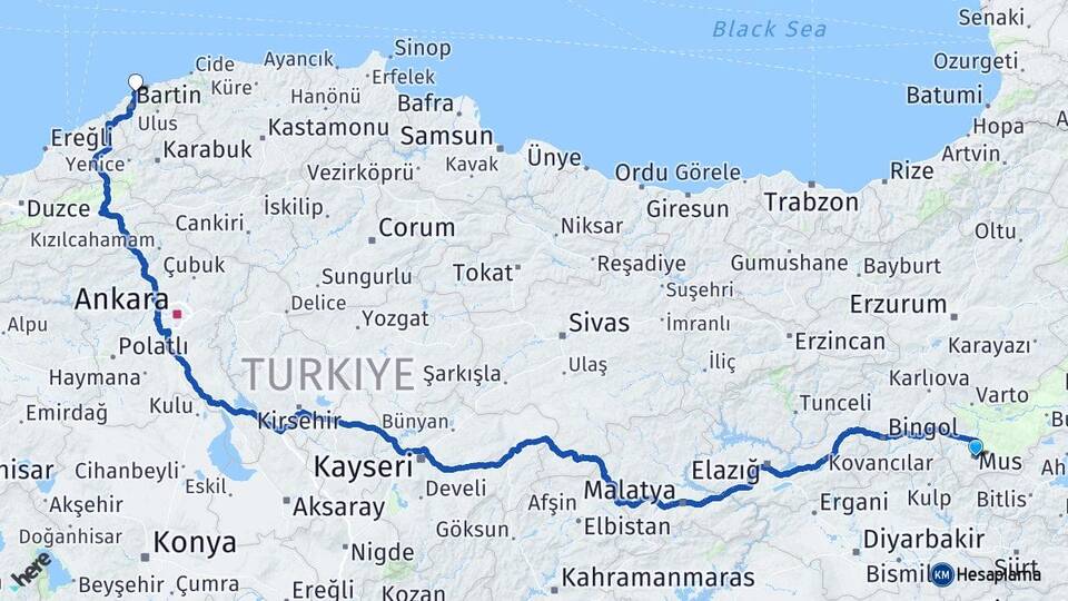 Muş Amasra Bartın Arası Kaç Km - Yol Haritası