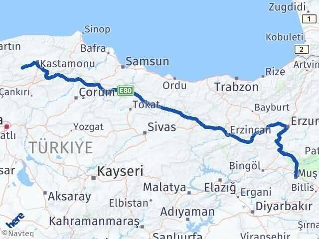 Muş Araç Kastamonu Arası Kaç Km - Yol Haritası