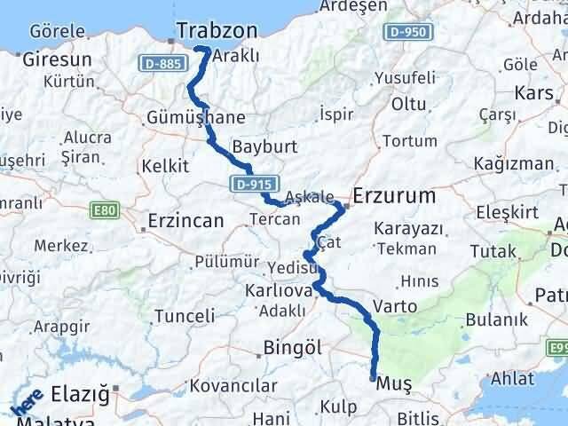 Muş Arsin Trabzon Arası Kaç Km - Yol Haritası