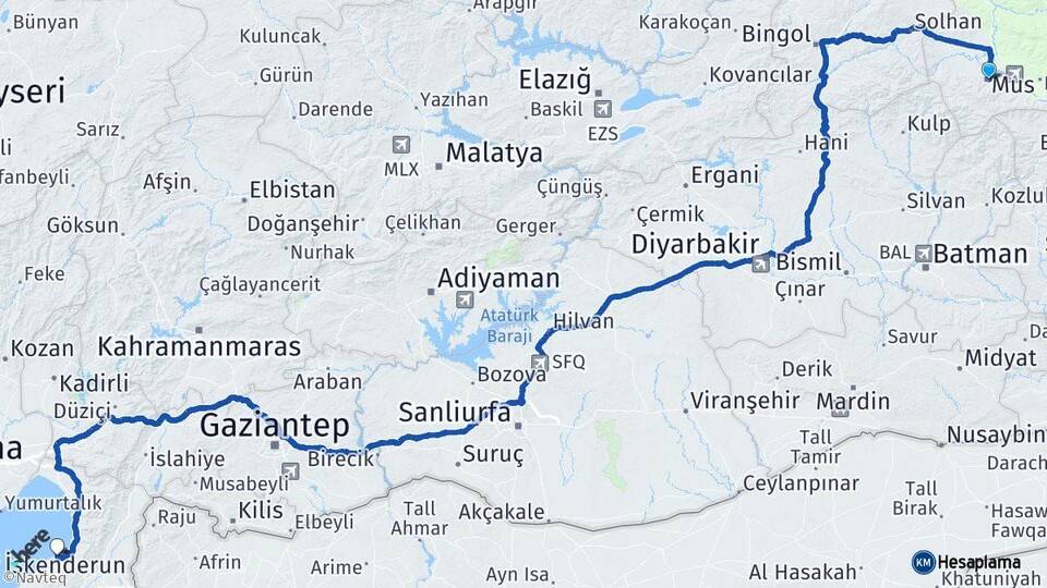 Muş Arsuz Hatay Arası Kaç Km - Yol Haritası
