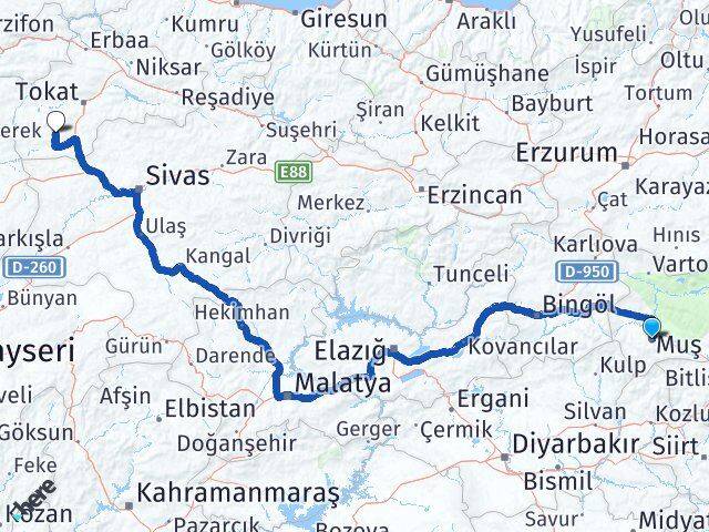 Muş Artova Tokat Arası Kaç Km - Yol Haritası