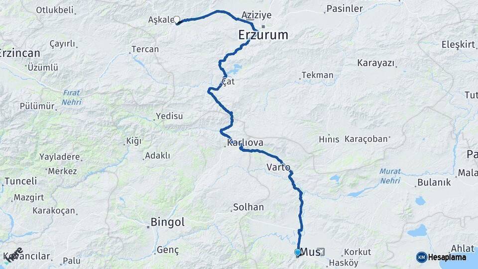 Muş Aşkale Erzurum Arası Kaç Km - Yol Haritası