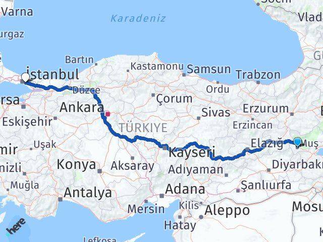 Muş Ataşehir İstanbul Arası Kaç Km - Yol Haritası