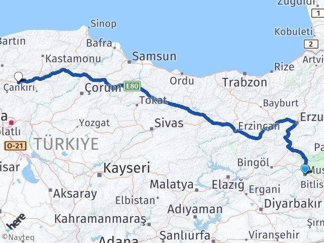 Muş Atkaracalar Çankırı Arası Kaç Km - Yol Haritası
