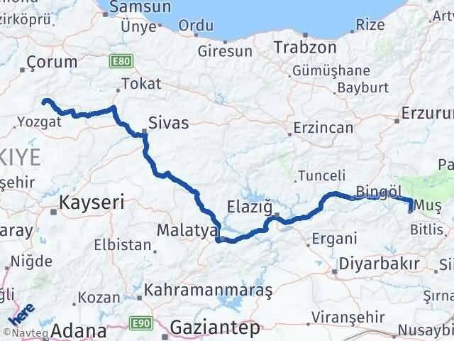 Muş Aydıncık Yozgat Arası Kaç Km - Yol Haritası