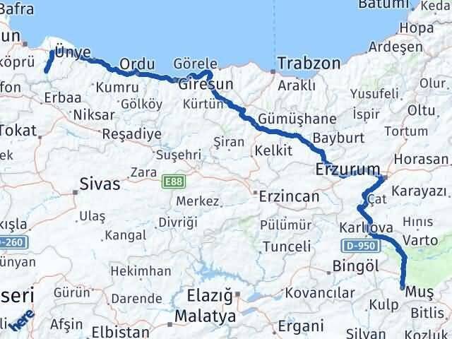 Muş Ayvacık Samsun Arası Kaç Km - Yol Haritası