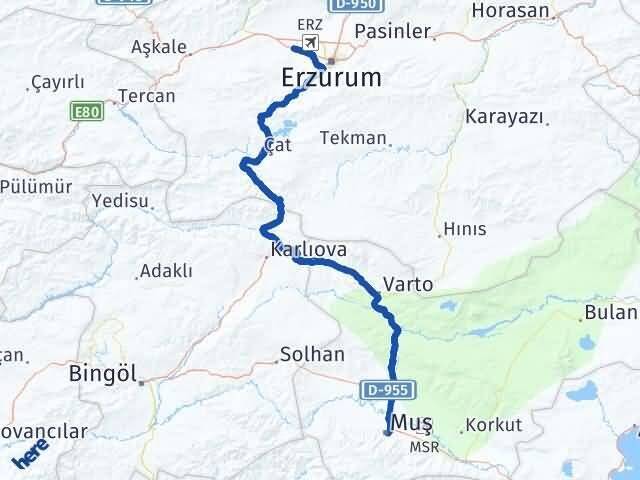 Muş Aziziye Erzurum Arası Kaç Km - Yol Haritası