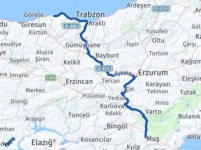 Muş Beşikdüzü Trabzon Arası Kaç Km - Yol Haritası