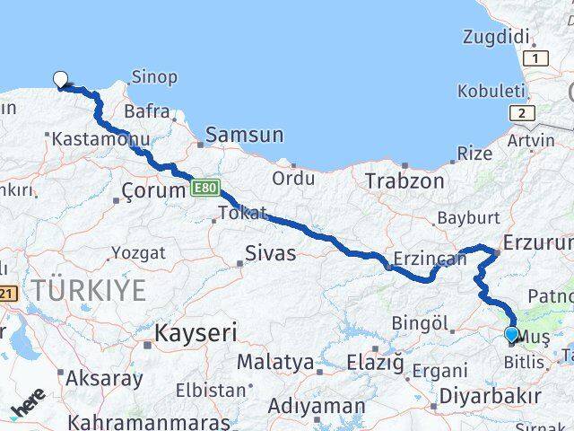 Muş Bozkurt Kastamonu Arası Kaç Km - Yol Haritası