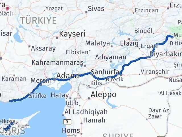 Muş Bozyazı Mersin Arası Kaç Km - Yol Haritası