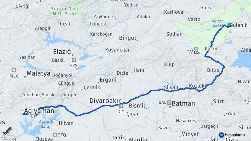 Muş Bulanık Adıyaman Arası Kaç Km - Yol Haritası