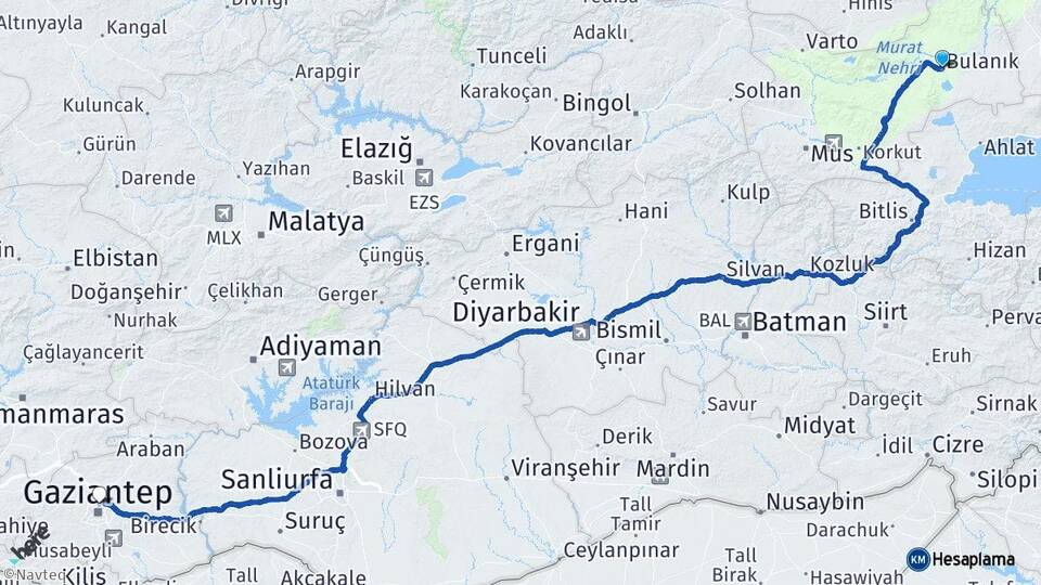 Muş Bulanık Gaziantep Arası Kaç Km - Yol Haritası