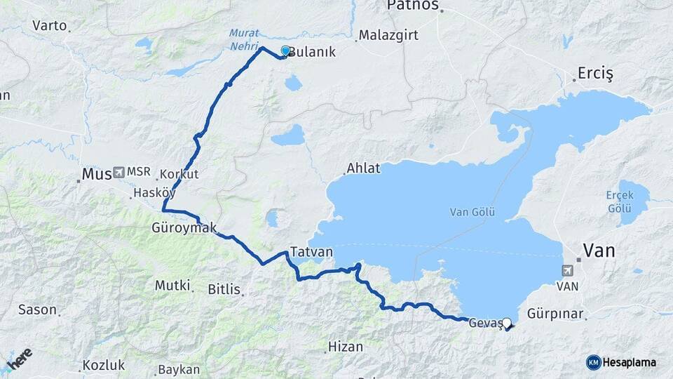Muş Bulanık Gevaş Van Arası Kaç Km - Yol Haritası