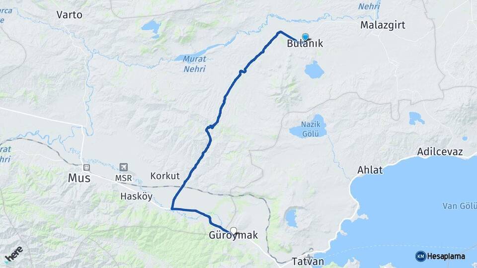 Muş Bulanık Güroymak Bitlis Arası Kaç Km - Yol Haritası