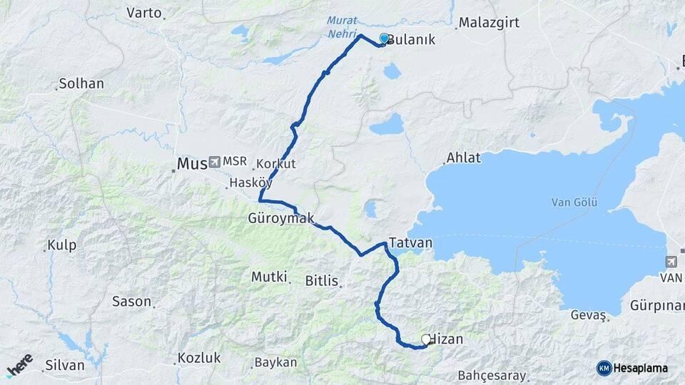 Muş Bulanık Hizan Bitlis Arası Kaç Km - Yol Haritası