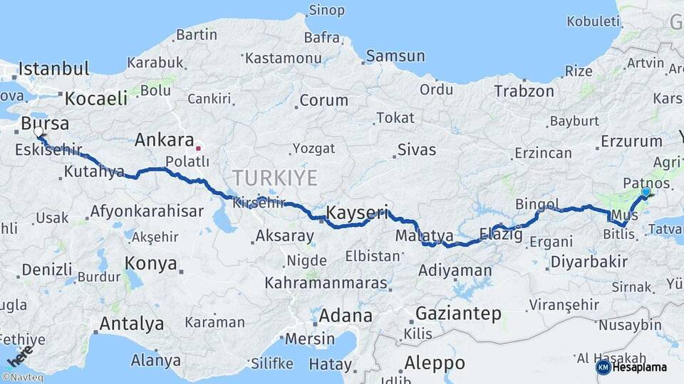 Muş Bulanık İnegöl Bursa Arası Kaç Km - Yol Haritası