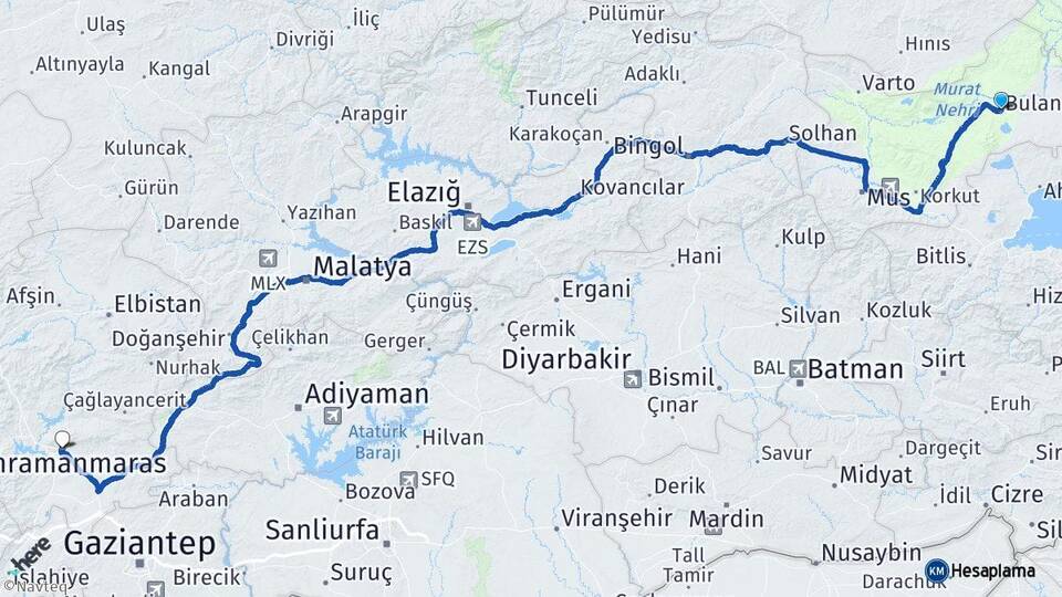 Muş Bulanık Kahramanmaraş Arası Kaç Km - Yol Haritası