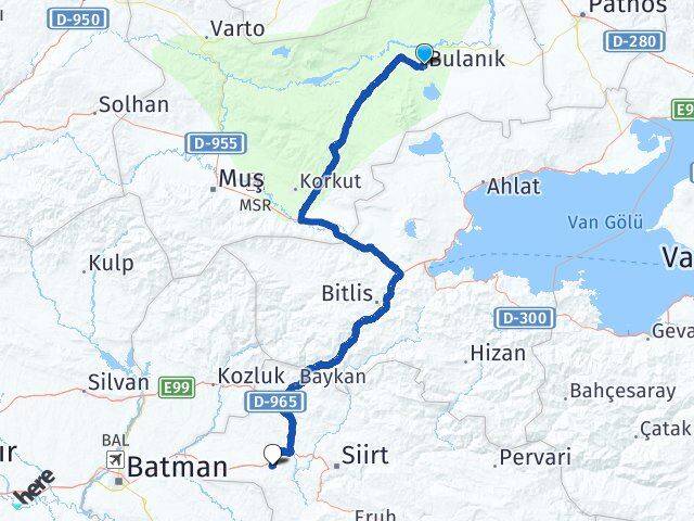 Muş Bulanık Kurtalan Siirt Arası Kaç Km - Yol Haritası