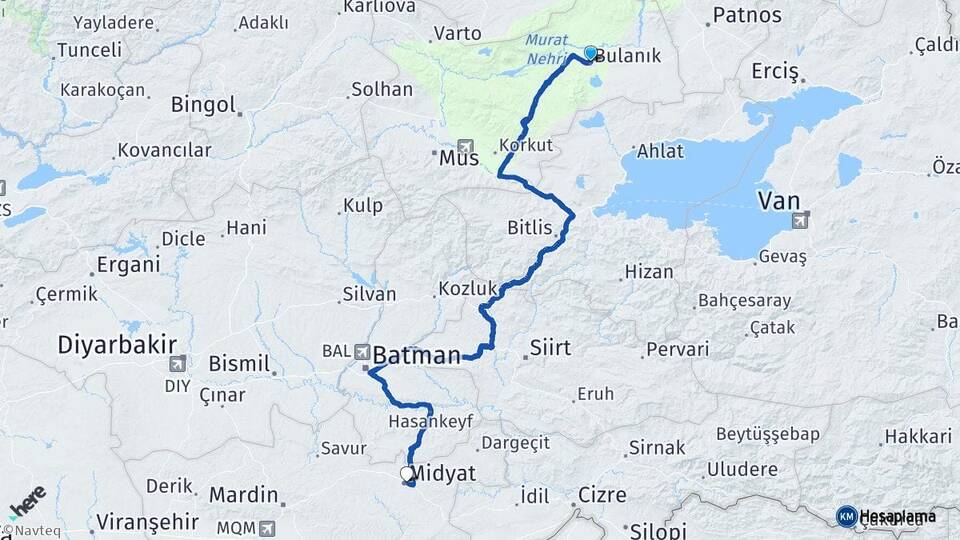 Muş Bulanık Midyat Mardin Arası Kaç Km - Yol Haritası