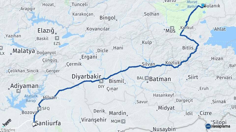 Muş Bulanık Şanlıurfa Arası Kaç Km - Yol Haritası