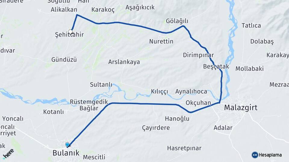Muş Bulanık Şehittahir Bulanık Arası Kaç Km - Yol Haritası