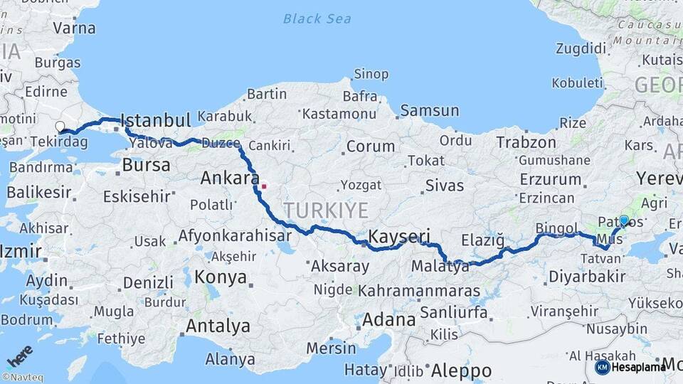 Muş Bulanık Tekirdağ Arası Kaç Km - Yol Haritası