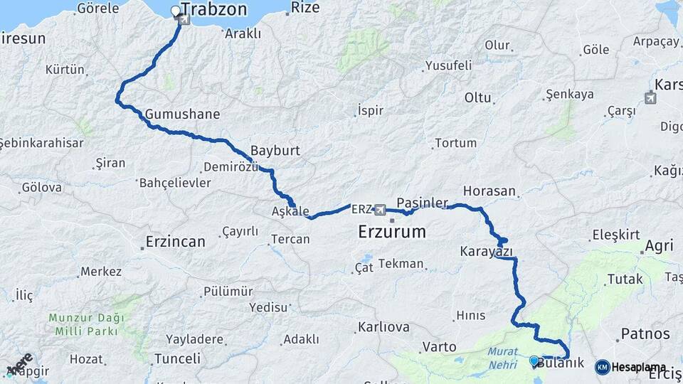 Muş Bulanık Trabzon Arası Kaç Km - Yol Haritası