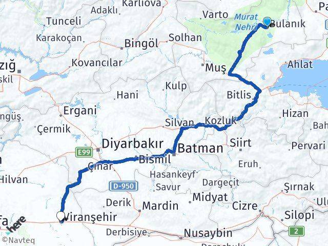Muş Bulanık Viranşehir Şanlıurfa Arası Kaç Km - Yol Haritası
