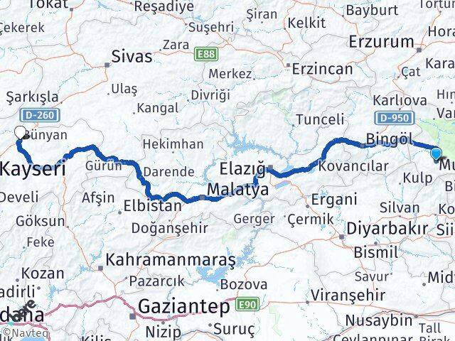 Muş Bünyan Kayseri Arası Kaç Km - Yol Haritası