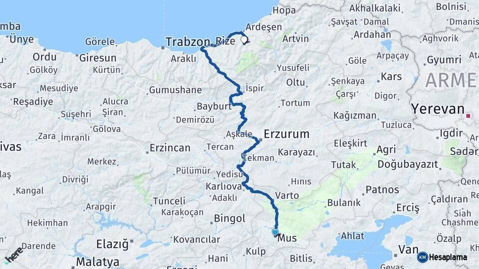 Muş Çamlıhemşin Rize Arası Kaç Km - Yol Haritası