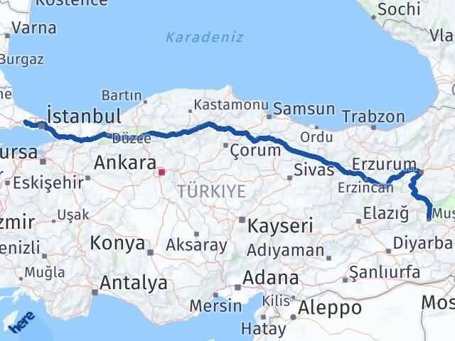 Muş Çatalca İstanbul Arası Kaç Km - Yol Haritası