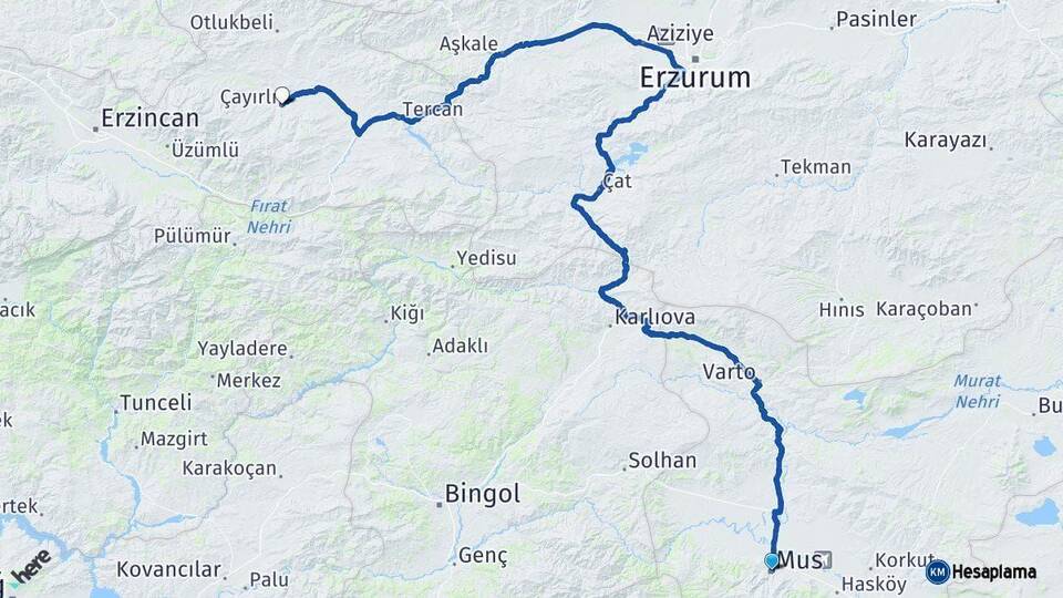 Muş Çayırlı Erzincan Arası Kaç Km - Yol Haritası