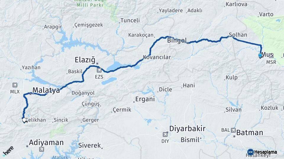Muş Çelikhan Adıyaman Arası Kaç Km - Yol Haritası