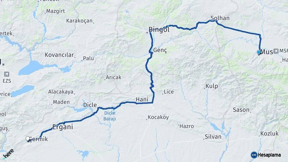 Muş Çermik Diyarbakır Arası Kaç Km - Yol Haritası