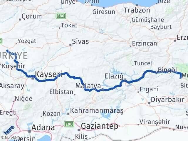 Muş Çiçekdağı Kırşehir Arası Kaç Km - Yol Haritası